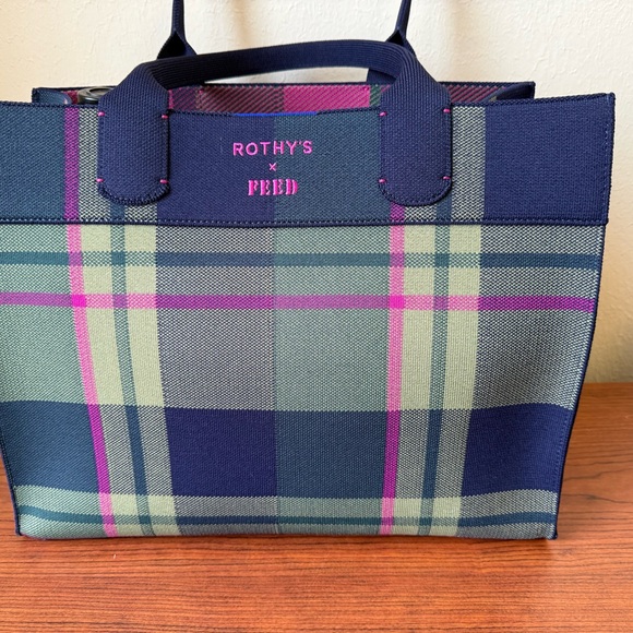 Rothy’s X FEED Plaid Tote Bag - Navy and Pink - Picture 1 of 4